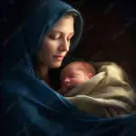 Holy Mary holding baby Jesus Christ in her arms. Graphic representation. AI generativ.