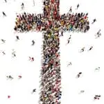 Large group of people walking to and forming the shape of a cross on a white background.