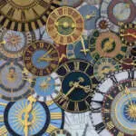 multicolored collection of ancient church tower clocks on a pile in different sizes and forms with roman numbers