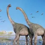 pair of giant sauropods walking through water and a swarm of flying pterosaurs