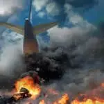 Plane crash, plane on fire and smoke. Fear of Air Travel Concept
