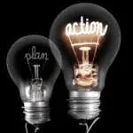 Shining and dimmed light bulbs with fibers in a shape of Plan and Action words isolated on black background