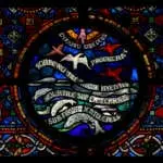Stained glass window in the Notre Dame church of Dinant, Belgium, created in 1821, depicting the bible verses from Genesis 1: 20-23 "And God said, “Let the water teem with living creatures, and let birds fly above the earth across the vault of the sky.” So God created the great creatures of the sea and every living thing with which the water teems and that moves about in it, according to their kinds, and every winged bird according to its kind. And God saw that it was good. God blessed them and said, “Be fruitful and increase in number and fill the water in the seas, and let the birds increase on the earth.” And there was evening, and there was morning—the fifth day."