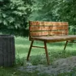Wooden bench and stone trash can