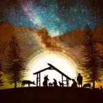 Christmas Scene animation with twinkling stars and nativity characters. Nativity Christmas story under starry sky and moving wispy clouds on golden.